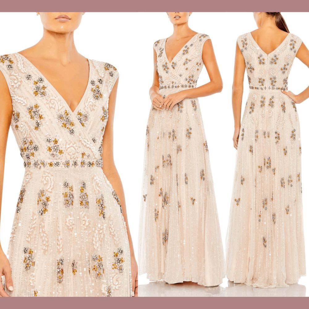NWT$998 Mac Duggal [ 6 ] Embellished Wrap Over Cap Sleeve A-Line Gown Blush S936